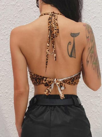Leopard Print Halter Crop Top met Ring Detail en Bandage Slu