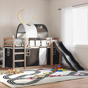 vidaXL Stapelbed met glijbaan en gordijnen wit en zwart, Eenpersoons, Verzenden, Zwart, Nieuw