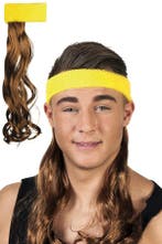 Hoofdband Matje Bruin Haar Zweetband Geel Pruik Mullet Fout, Ophalen of Verzenden, Nieuw, Carnaval, Accessoires