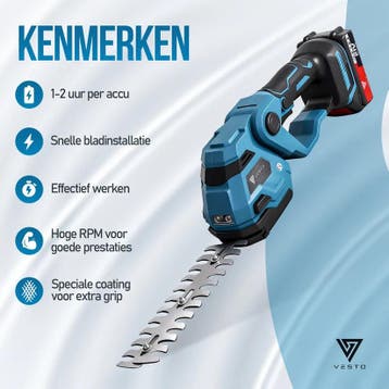 Vesto® Draadloze Heggenschaar - Incl. Buxusschaarmes & Grass, Verzenden, Zo goed als nieuw