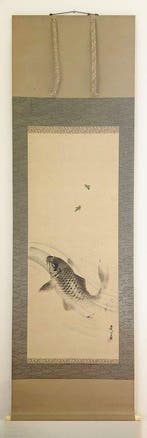 Japanse kunst kakejiku kakemono - wandrol - Vis die tegen de