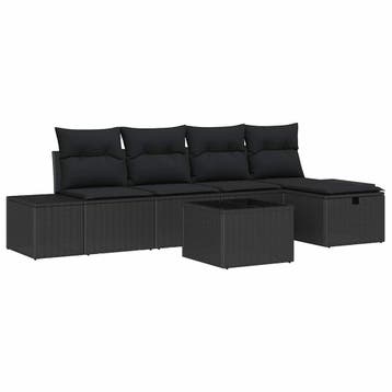 vidaXL Tuinbankenset met kussen 6 pcs Zwart poly rattan, Tuin en Terras, Verzenden, Nieuw, Rotan, 6 zitplaatsen