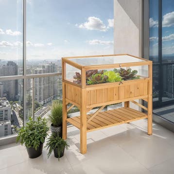 Hoge plantenbak met plank en kweekopzet 119x57x124cm - bruin, Tuin en Terras, Verzenden, Nieuw