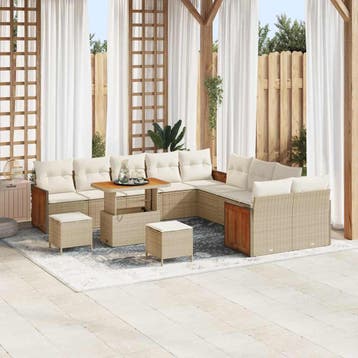 vidaXL Tuinbankenset met kussen 17 pcs Beige en Crème poly, Verzenden, Nieuw, Rotan, 7 zitplaatsen