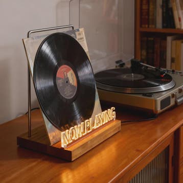 Retro Houten "Now Playing" Vinyl Platenstandaard met Neon LE, Verzenden, Nieuw