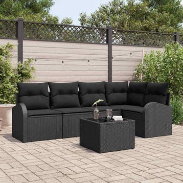 vidaXL Bankstel met kussen Zwart Polyester, Tuin en Terras, Tuinsets en Loungesets, Verzenden, Nieuw, Rotan, 6 zitplaatsen