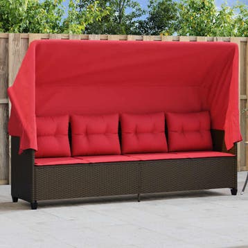 vidaXL Ligbed met luifel en kussens poly rattan bruin, Verzenden, Nieuw