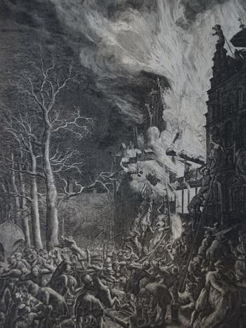 Gravure brand Oude Schans Amsterdam, 1658, neerstorten gevel, Antiek en Kunst, Kunst | Etsen en Gravures, Dagelijks leven, Verzenden