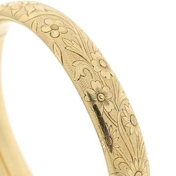 Vintage gouden slavenarmband met gravures; Maat M, Ophalen of Verzenden, Gebruikt, Goud, Goud