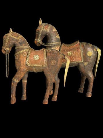 Beeldje - Set Indische paardjes (2) - Hout, Koper, Antiek en Kunst