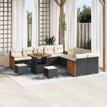 vidaXL Tuinbankenset met kussen 17 pcs Zwart en Crème poly, Verzenden, Nieuw, Rotan, 7 zitplaatsen