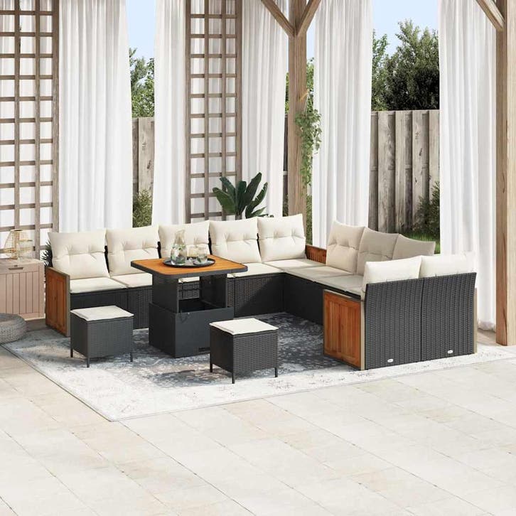 vidaXL Tuinbankenset met kussen 17 pcs Zwart en Crème poly, Tuin en Terras, Tuinsets en Loungesets, Nieuw, 7 zitplaatsen, Rotan