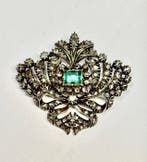 Speld - 19.2 kt. Zilver, Geel goud Smaragd - Diamant