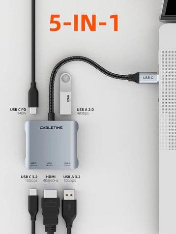 Cabletime 5-in-1 USB-C Hub - HDMI 4K 60Hz, Nieuw, Ophalen of Verzenden, Laptop, Cabletime