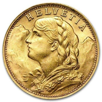 Zwitserland. 20 Francs Swiss Gold 20 Francs Vreneli Helvetia