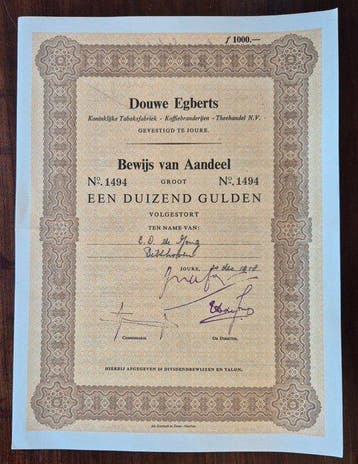 Nederland. 1000 Gulden - 1958 Douwe Egberts - Koninklijke