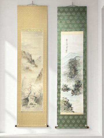 Set van 2 Japanse monumentale landschaps-hangende rollen:, Antiek en Kunst