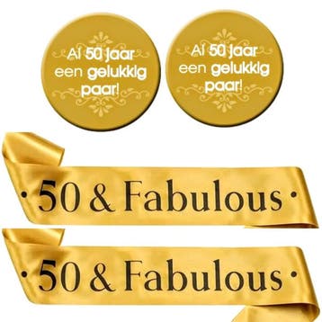 50 & Fabulous set met 2 gouden sjerpen en 2 buttons, Hobby en Vrije tijd, Verzenden, Nieuw, Versiering, Geboorte of Huwelijk