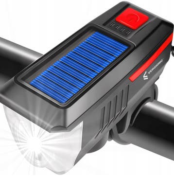 LED fietslamp - Met fietsbel - Solar + USB - 300 Lumen, Ophalen of Verzenden, Nieuw