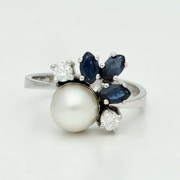 Ring - 18 karaat Witgoud Parel - Diamant - Saffier, Nieuw