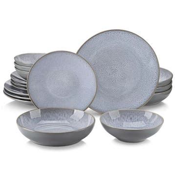 Nieuw: Grijs Reliëf Aardewerk Serviesset 16-delig Keramisch, Verzenden, Nieuw, Keramiek, Compleet servies