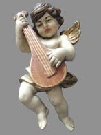 Snijwerk, Holzfigur - farbiger Engel mit Mandoline -, Antiek en Kunst, Antiek | Boeken en Bijbels