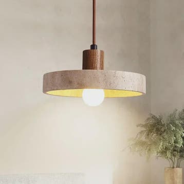 Natuurlijke Travertin Hanglamp met Houten Accent - E27 Fitti, Verzenden, Nieuw