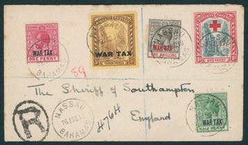 Bahamas 1918 - 5-kleurige frankering op aangetekende brief, Gestempeld