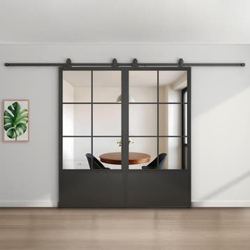 Dubbele stalen schuifdeur Zwart 6 Vlaks met kickplate Helder, Nieuw, Metaal, 75 tot 150 cm, 150 tot 225 cm