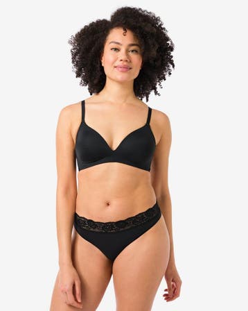 HEMA Damesstring naadloos micro met kant zwart 3+1 gratis, Verzenden, Zwart