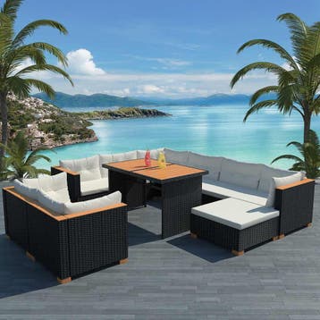 vidaXL 10-delige Loungeset met kussens poly rattan zwart, Verzenden, Nieuw, Meer dan 8 zitplaatsen, Loungeset