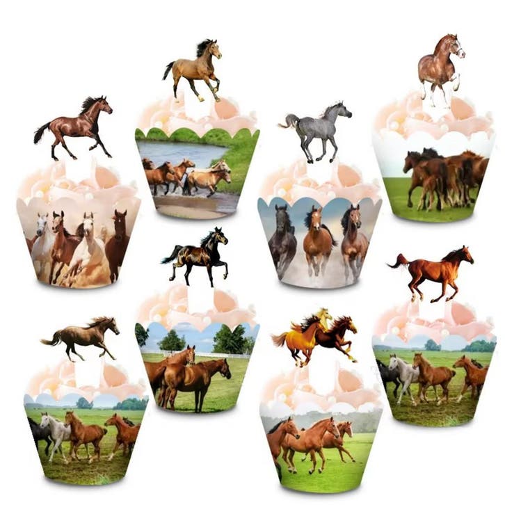 8 Paarden cupcake wrappers en 8 cupcake toppers, Hobby en Vrije tijd, Taarten en Cupcakes maken, Cupcakes, Nieuw, Versiering, Verzenden