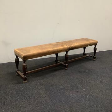 Antiek houten halbankje, (bxd) 176x36 cm, hout - leer, Ophalen of Verzenden, Gebruikt, Bureau