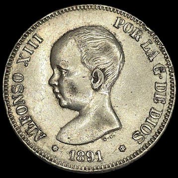 Spanje. Alfonso XIII. 5 Pesetas 1891*91 PGM (Zonder