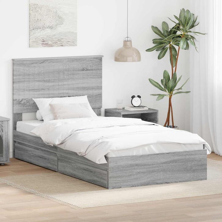 vidaXL Opslag bed met lade Grijs Sonoma 100 x 200 cm Bewerkt, Huis en Inrichting, Slaapkamer | Bedden, Grijs, Nieuw, Hout, Verzenden