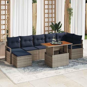 vidaXL Tuin Eetset met kussen 8 pcs Grijs en Marineblauw, Verzenden, Nieuw, Rotan, 8 zitplaatsen