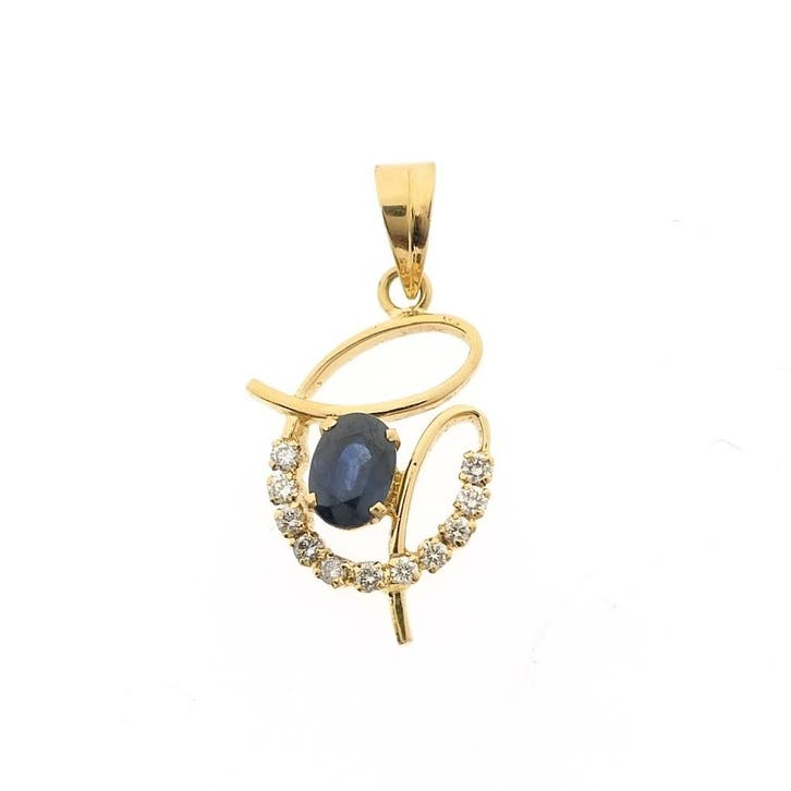 Gouden hanger met saffier en diamant 0,33 ct., Sieraden, Tassen en Uiterlijk, Bedels, Gebruikt, Overige merken, Goud, Ophalen of Verzenden