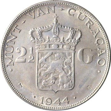 Curaçao (Caribisch Nederland). Wilhelmina. 2 1/2 Gulden 1944