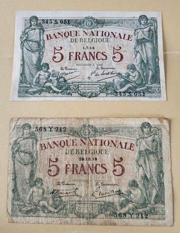 België. - 2 x 5 Francs - 1914/1918 - Pick 75 (Zonder