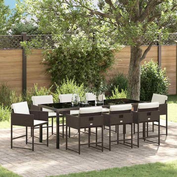 vidaXL Tuin eettafelset met kussen 9 pcs Bruin poly rattan, Verzenden, Nieuw, Rotan, Meer dan 8 zitplaatsen