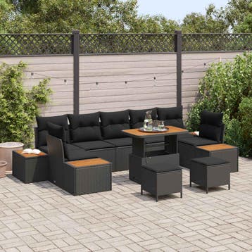 vidaXL Tuinbankenset 10 st 9-Aantal zitplaatsen Zwart Poly, Verzenden, Nieuw, Rotan, Meer dan 8 zitplaatsen