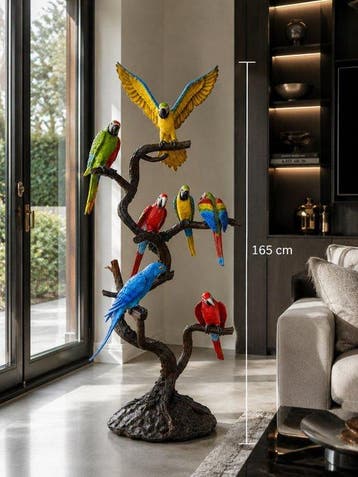sculptuur, XL Bronzen Papegaaienboom – Handbeschilderd – 165, Antiek en Kunst