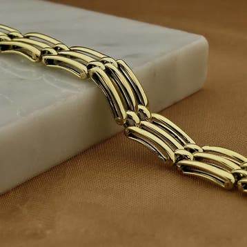 Gouden fantasieschakel armband; 19,5 cm (Schakelarmband), Ophalen of Verzenden, Gebruikt, Goud, Goud