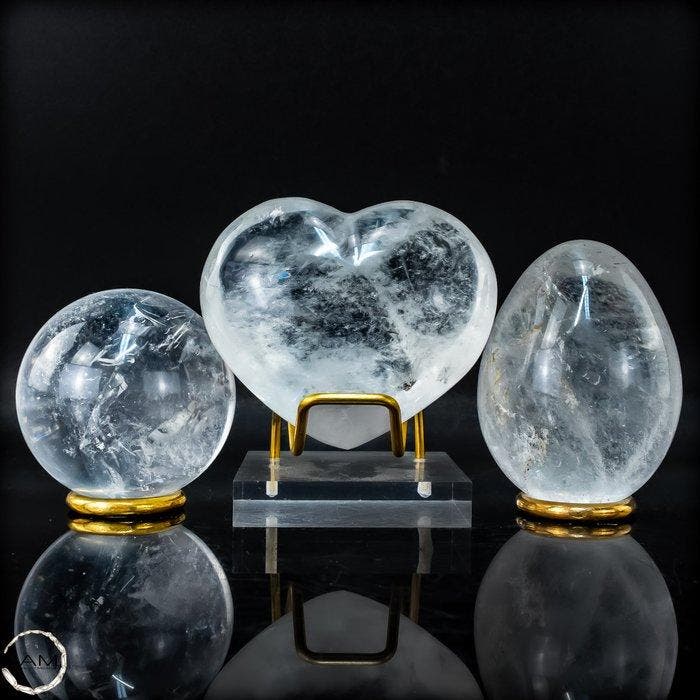 Lemurisch kwarts luxe set – kogel, hart en ei uit helder, Verzamelen, Mineralen en Fossielen