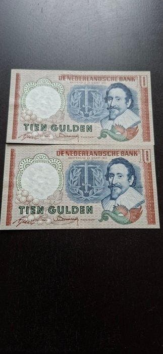 Nederland. - 2 x 10 Gulden 1953 - Pick 85 - consecutive