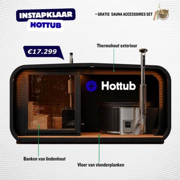 Complete Buitensauna Lounge + hottub of jacuzzi, Nieuw, Fins of Traditioneel, Complete sauna