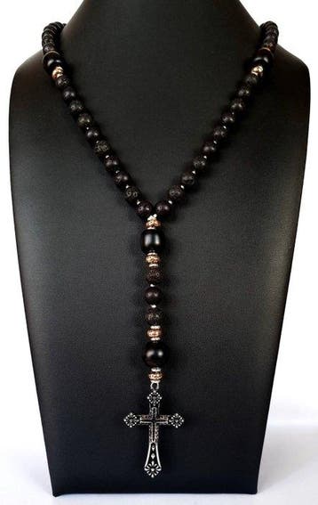 Lava steen, obsidiaan & pyriet – rozenkrans – kruis met