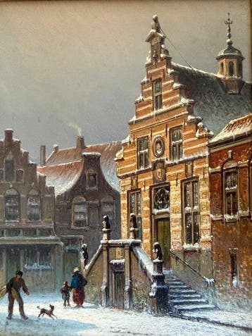 Eduard Alexander Hilverdink (1846–1891) - Winterstadsgezicht, Antiek en Kunst, Kunst | Schilderijen | Klassiek