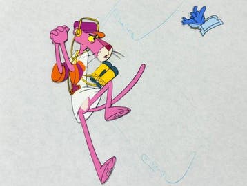 Friz Freleng - Originele animatiecel en tekening van De Roze, Nieuw in verpakking