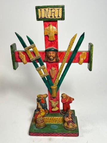 Crucifix - Hout, met de hand beschilderd door Peruaanse